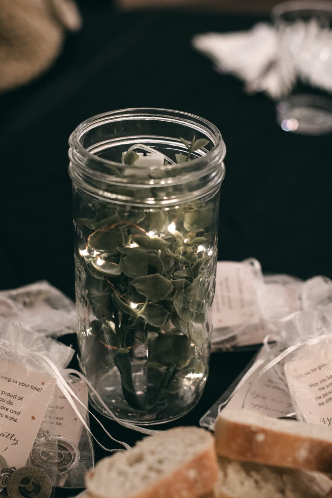 Rustic table centerpiece with string lights